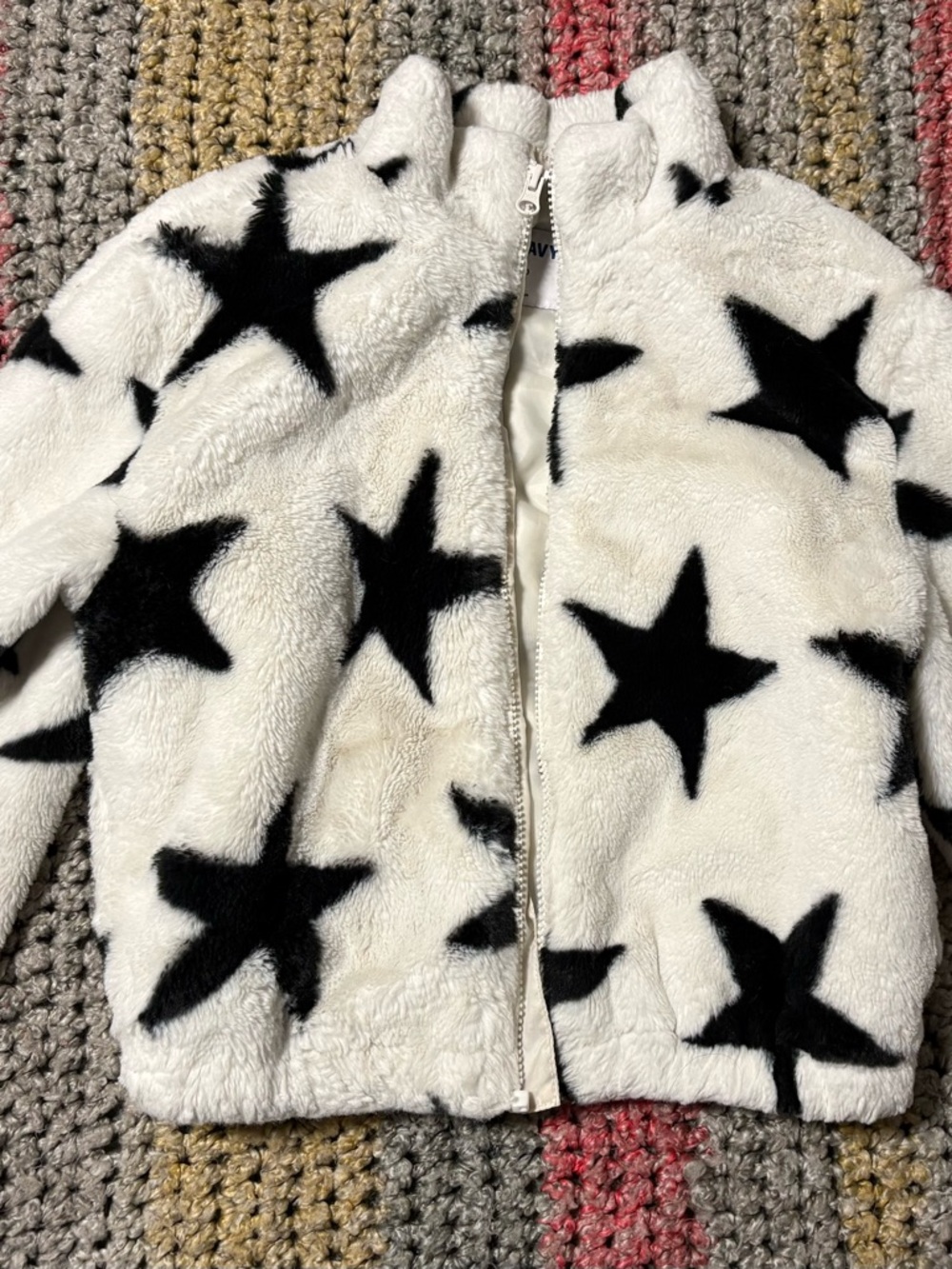 Old Navy Kids' Star Print Faux Fur Jacket - White & Black - Size Large